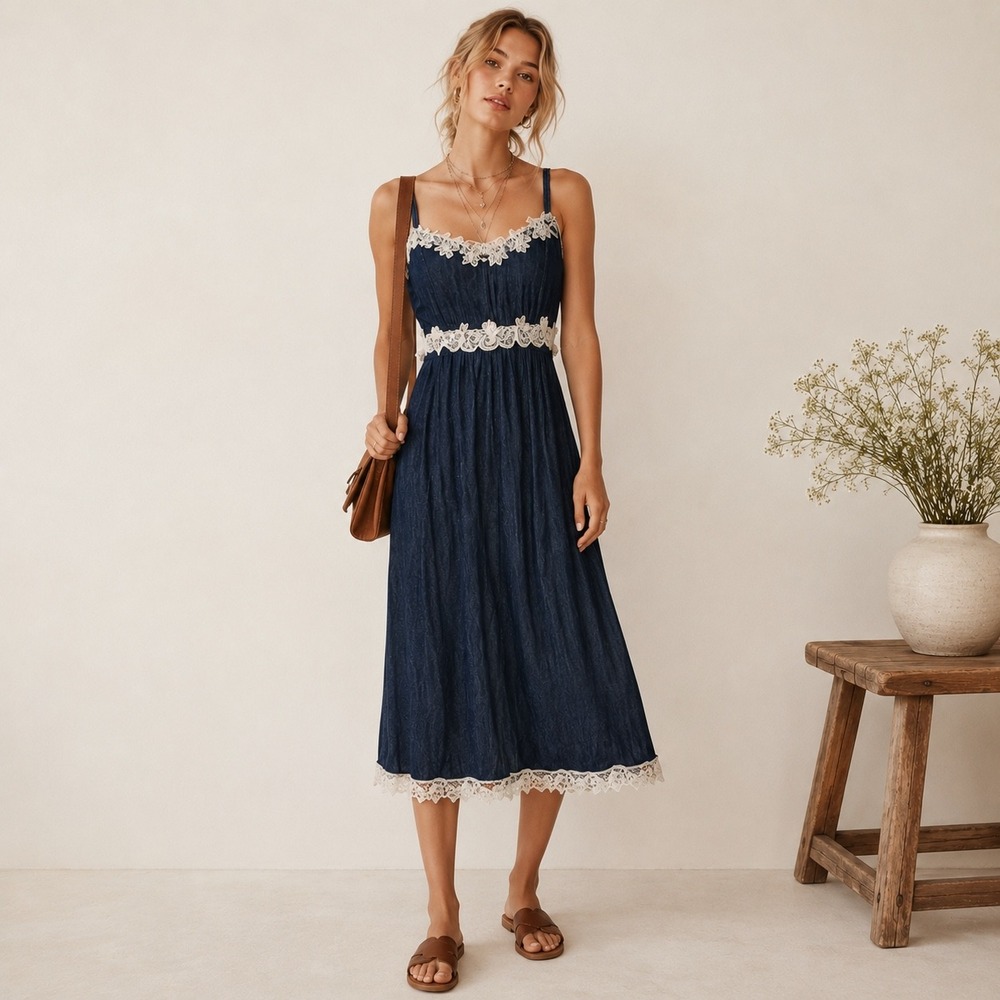 Old Navy Lace Trim Denim Dress Womens 10 Blue Summer Cottagecore Coquette Y2k